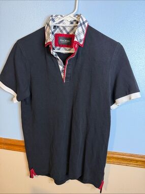 Maceoo Luxury Men's Small Black Polo Shirt Plaid Trim Dress Collar‎ Sz 2 EUC